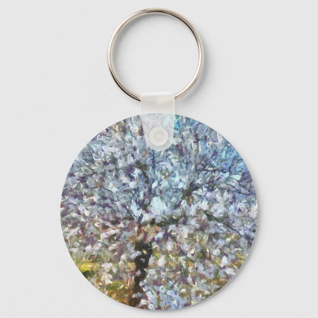 Spring Almond Blossom Pointillism Artwork Keychain (Front)