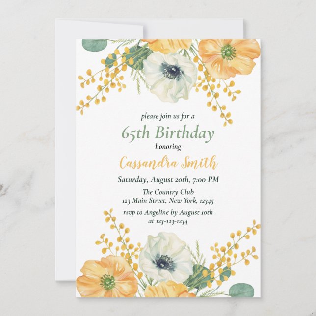 Spring  Anemone Flower Orange & White  Birthday  Invitation (Front)