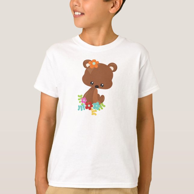 Spring Animals, Cute Bear, Little Bear, Flowers T-Shirt (Front)
