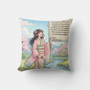 Spring Arrival Anime Girl in Kimono with Poetry Throw Pillow