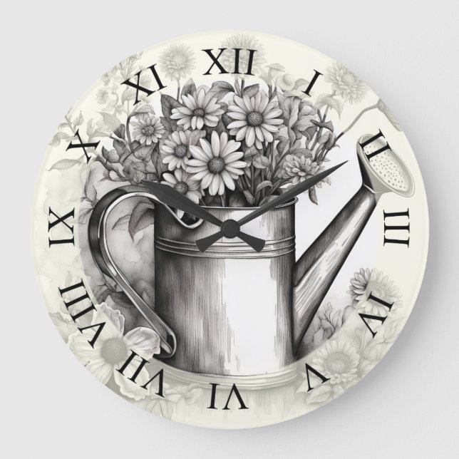 Spring Art, Watering can, Black & white art  Large Clock (Front)