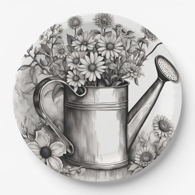 Spring Art, Watering can, Black & white art  Paper Plate (Front)