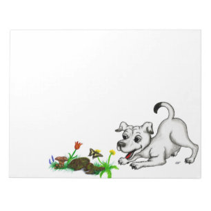 Spring-awake, puppy with butterfly notepad