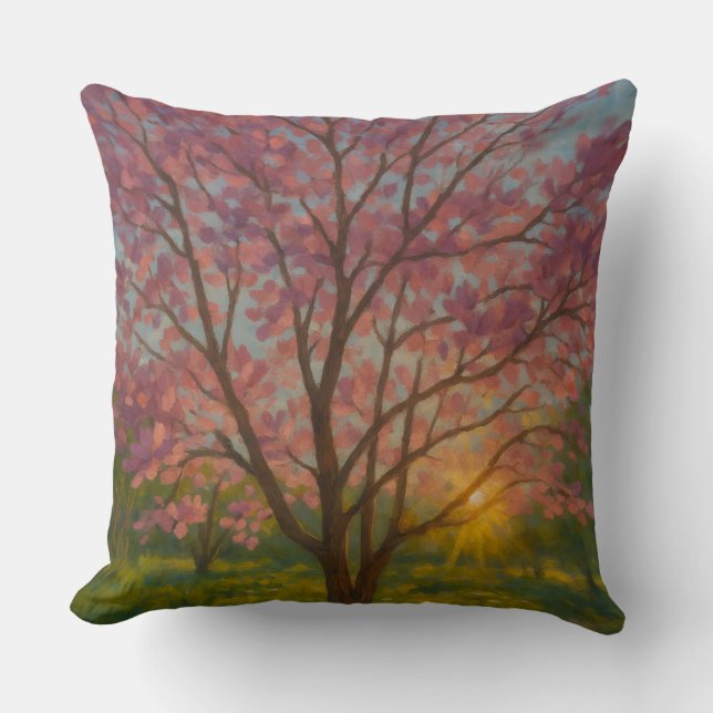 Spring Awakening – Blooming Tree Landscape Throw Pillow (Front)