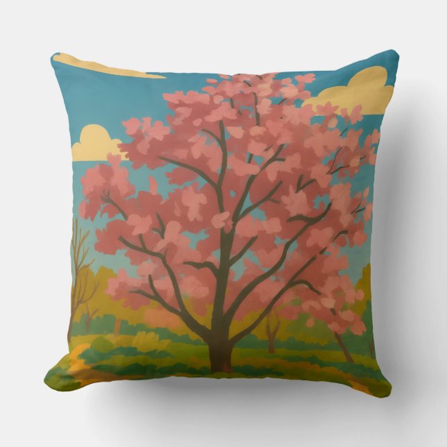 Spring Awakening – Blooming Tree Landscape Throw Pillow (Front)