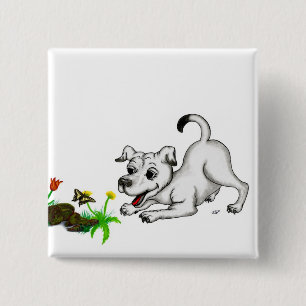 Spring Awakening, Puppy with Flowers and Butterfly 2 Inch Square Button