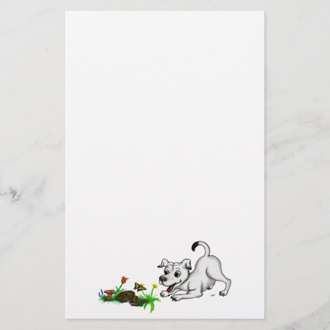 Spring Awakening, Puppy with Flowers and Butterfly Stationery (Front)