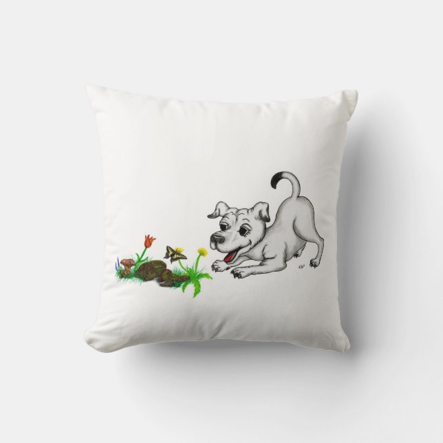 Spring Awakening, Puppy with Flowers and Butterfly Throw Pillow (Front)