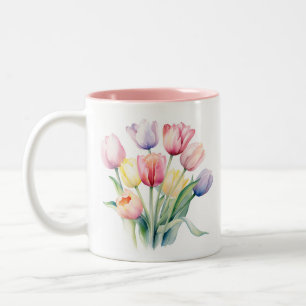 Spring Awakening - Watercolor Tulips  Two-Tone Coffee Mug
