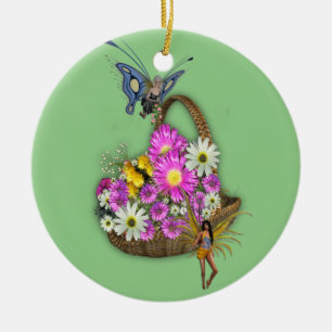 Spring basket gatherers ceramic ornament