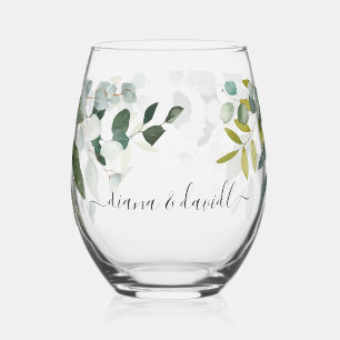 SPRING BEAUTY BOTANICAL GREENERY Wedding  Stemless Wine Glass