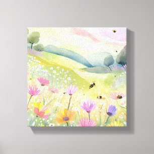 Spring Bees Flower Fields   Floral Colourful Natur Canvas Print