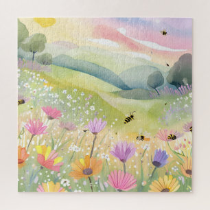 Spring Bees Flower Fields   Floral Colourful Natur Jigsaw Puzzle
