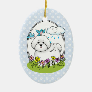 Spring Bichon Frise Dog with Flowers - Cute Ceramic Ornament