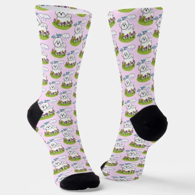 Spring Bichon Frise Dog with Flowers - Cute Socks (Angled)