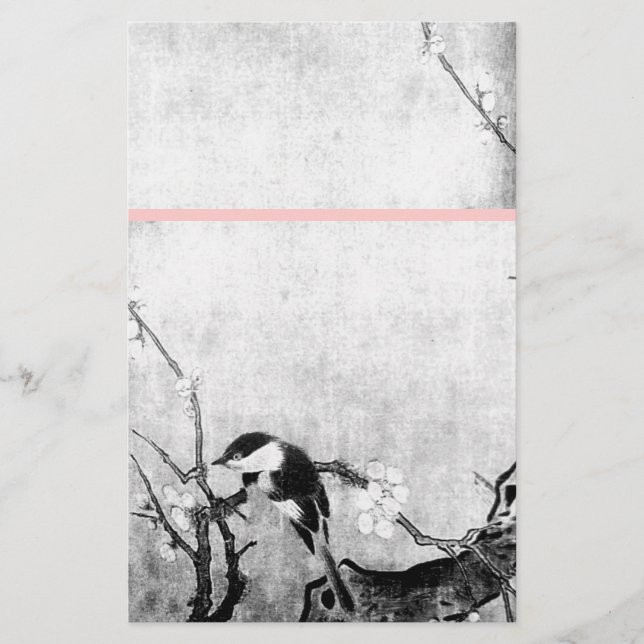 SPRING BIRD AND FLOWER TREE Black White Pink Stationery (Front)