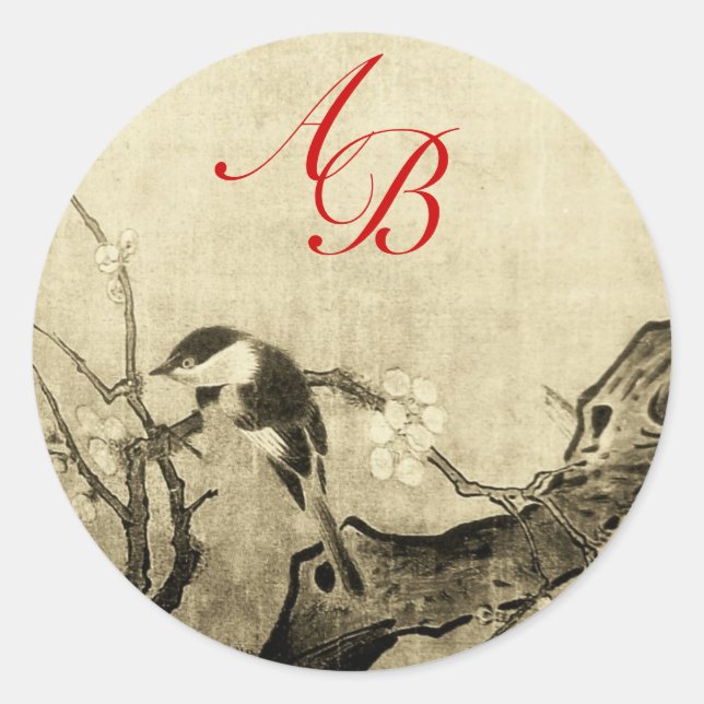 SPRING BIRD AND FLOWER TREE MONOGRAM Brown Sepia Classic Round Sticker (Front)