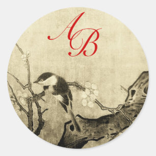 SPRING BIRD AND FLOWER TREE MONOGRAM Brown Sepia Classic Round Sticker