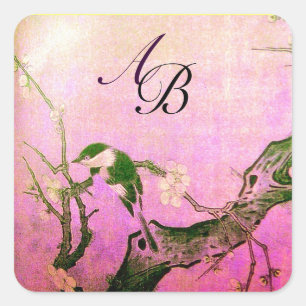 SPRING BIRD AND FLOWER TREE MONOGRAM Pink Fuchsia Square Sticker