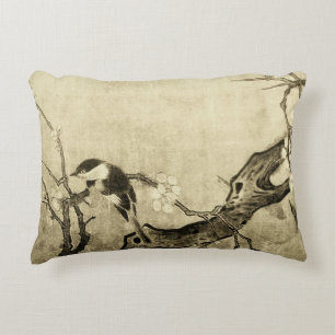 SPRING BIRD AND FLOWER TREE ,Sepia Brown Floral Accent Pillow