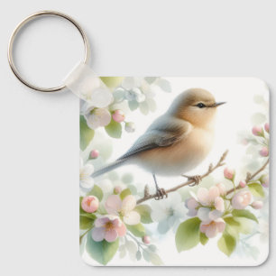 Spring Bird Cherry Blossom Floral Watercolor Keychain