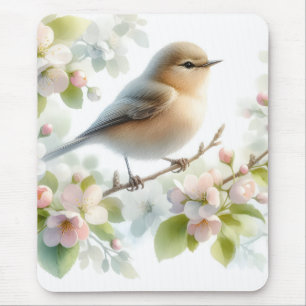 Spring Bird Cherry Blossom Floral Watercolor Mouse Pad