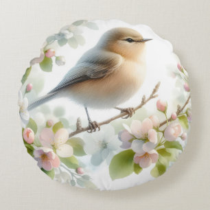 Spring Bird Cherry Blossom Floral Watercolor Round Pillow