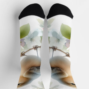 Spring Bird Cherry Blossom Floral Watercolor Socks