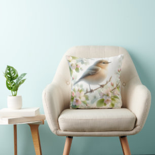 Spring Bird Cherry Blossom Floral Watercolor Throw Pillow