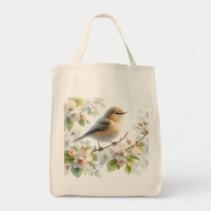 Spring Bird Cherry Blossom Floral Watercolor Tote Bag