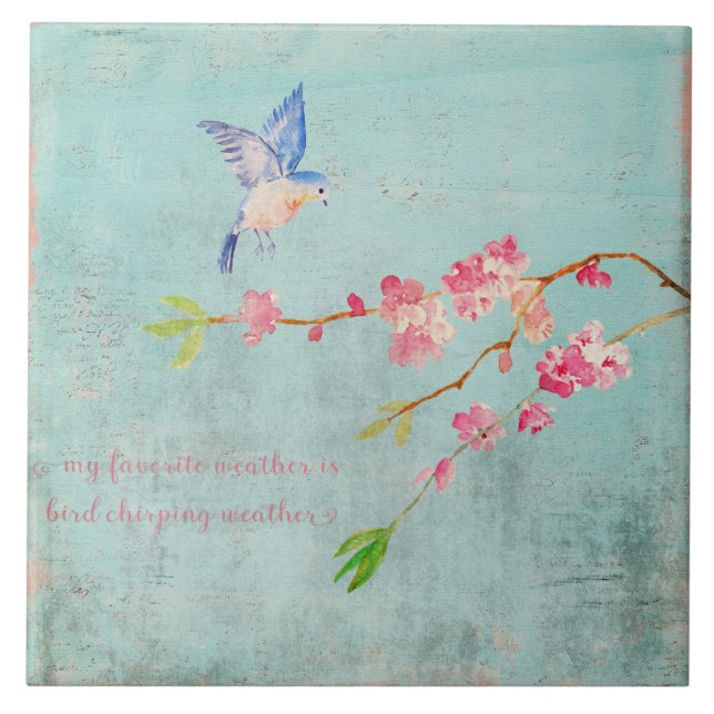 Spring Bird Floral Cherryblossom Weather Blue Tile (Front)