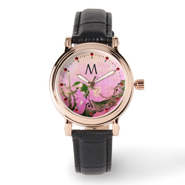 SPRING BIRD,FLOWER TREE Black Pink Monogram Watch (Front)