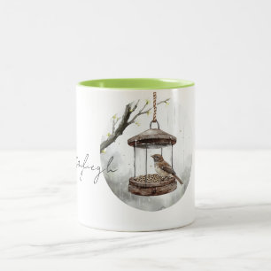 Spring Bird in Bird Feeder   Two-Tone Coffee Mug