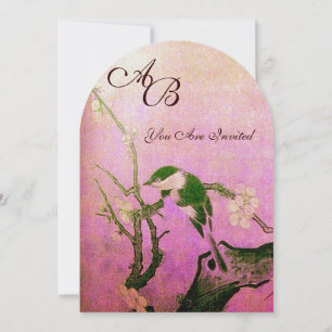 SPRING BIRD MONOGRAM Pink Fuchsia White Brown Invitation