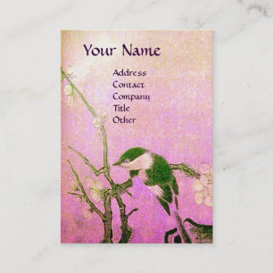 SPRING BIRD ON FLOWERING TREE PINK FLORAL MONOGRAM BUSINESS CARD
