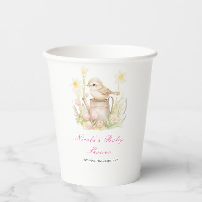 Spring Bird Watering Can Baby Shower Paper Cups (Front)