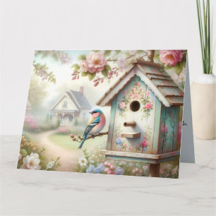 Spring Birdhouse With Pastel Flowers And Bird Card