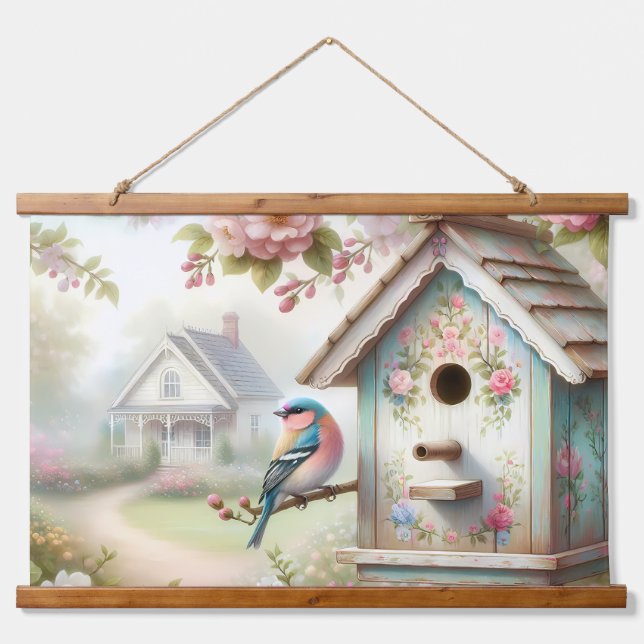 Spring Birdhouse With Pastel Flowers And Bird Hanging Tapestry (Front)