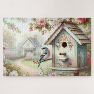 Spring Birdhouse With Pastel Flowers And Bird Jigsaw Puzzle