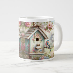 Spring Birdhouse With Pastel Flowers And Bird Large Coffee Mug