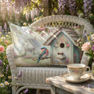 Spring Birdhouse With Pastel Flowers And Bird Lumbar Pillow