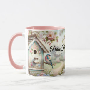 Spring Birdhouse With Pastel Flowers And Bird Mug