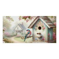 Spring Birdhouse With Pastel Flowers And Bird