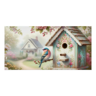 Spring Birdhouse With Pastel Flowers And Bird Poster