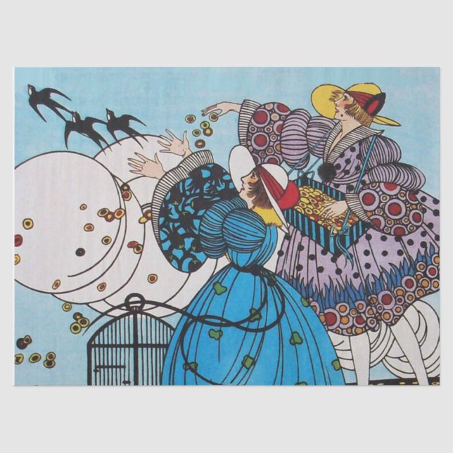 SPRING BIRDS AND LADIES ,ART DECO BEAUTY FASHION TISSUE PAPER (Front)