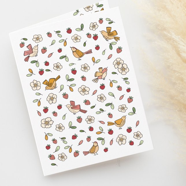 Spring Birds and Strawberries Floral Pattern Blank Thank You Card (Creator Uploaded)