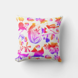 SPRING BIRDS ,FEATHERS AND FRUITS Floral Pink Blue Throw Pillow