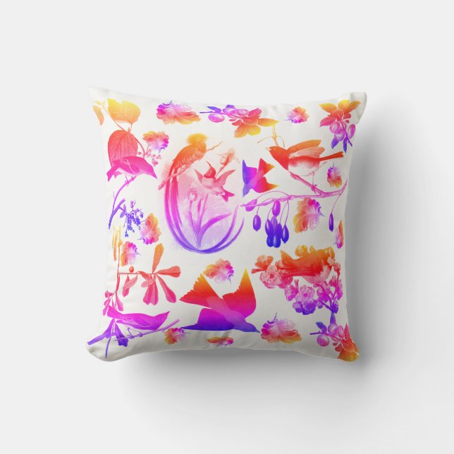 SPRING BIRDS ,FEATHERS AND FRUITS Floral Pink Blue Throw Pillow (Front)
