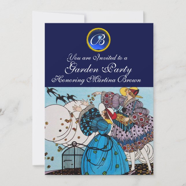 SPRING BIRDS GARDEN PARTY ,SAPPHIRE GEM MONOGRAM INVITATION (Front)