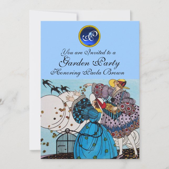 SPRING BIRDS GARDEN PARTY ,SAPPHIRE GEM MONOGRAM INVITATION (Front)
